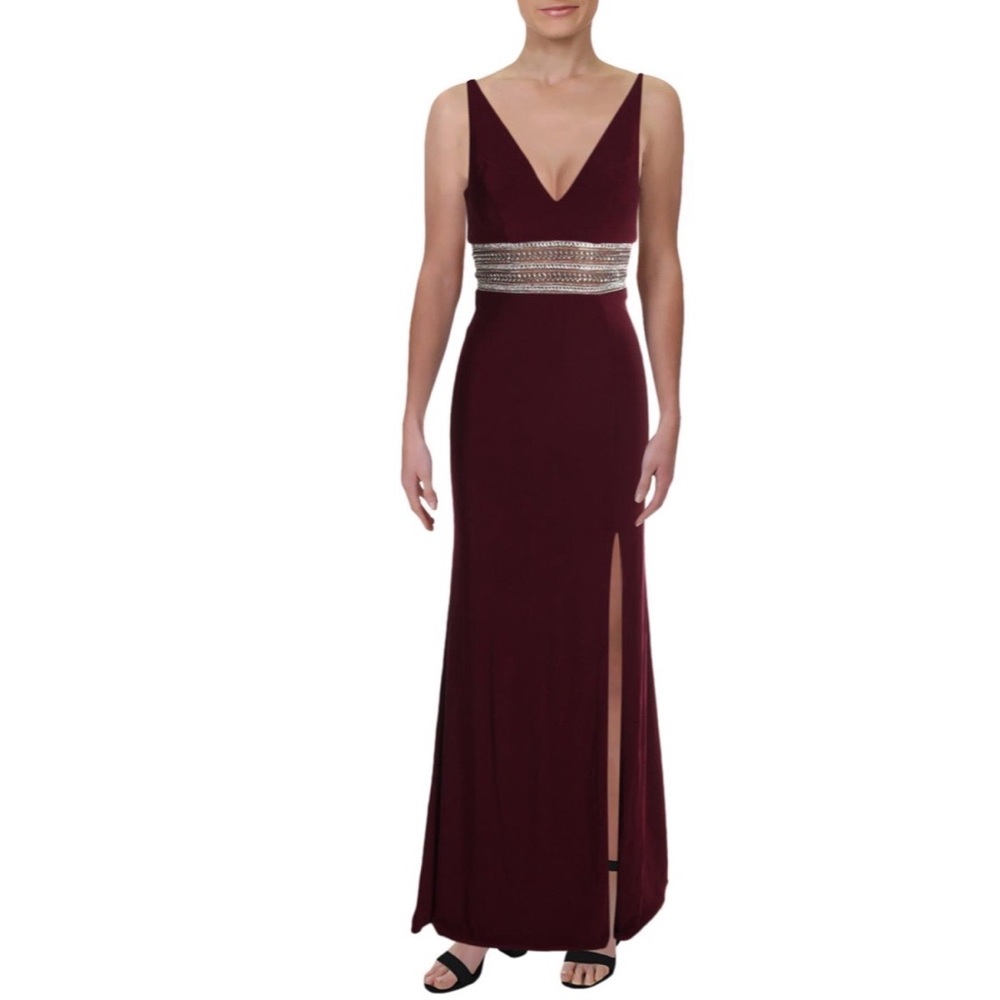 Xscape Burgundy Gown with Metallic Waistband